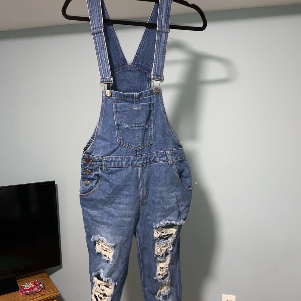 Distress denim overalls